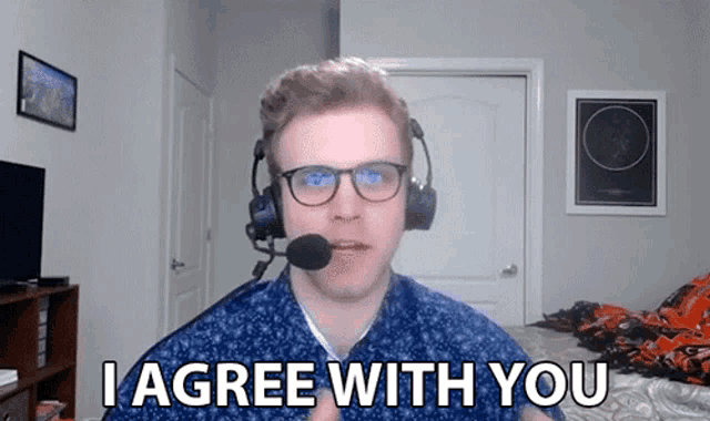 a man wearing headphones and a microphone says i agree with you