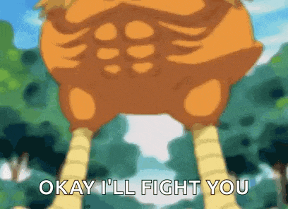 a cartoon chicken says okay i 'll fight you .