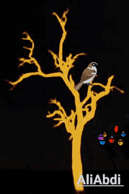 a drawing of a bird on a tree branch with the name aliabdi on the bottom