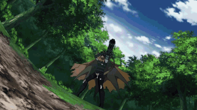 a person holding a gun in a forest with a blue sky in the background
