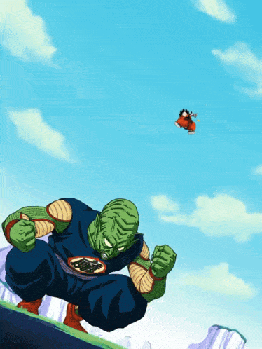 a cartoon drawing of piccolo and goku with a blue sky in the background