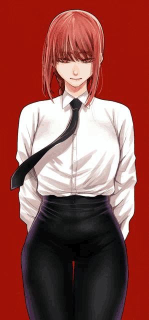 a girl with red hair is wearing a white shirt and tie