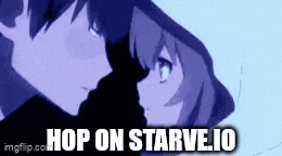 a boy and a girl are looking at each other and the words hop on starve.io are written below them .