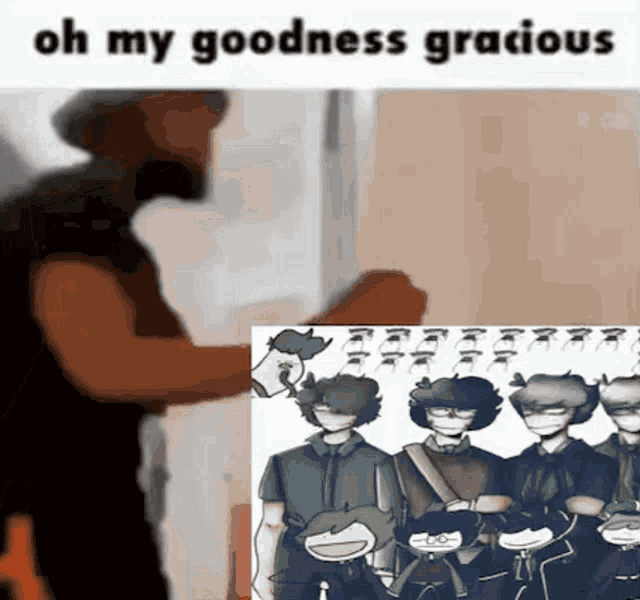 a man is standing in front of a wall with a picture of a group of cartoon characters on it .