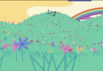 a cartoon drawing of a rainbow and flowers on a hill