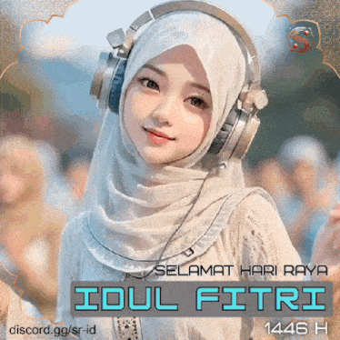 a picture of a woman wearing headphones and a hijab says idul fitri