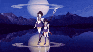 a couple of girls standing in front of a planet