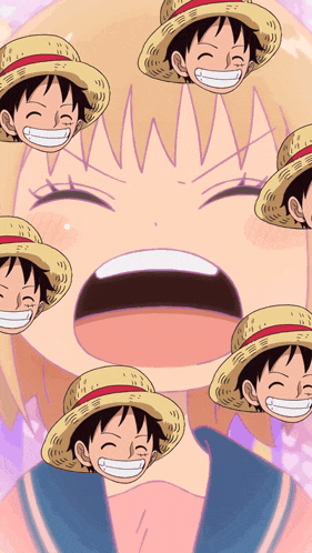 a girl wearing a straw hat is surrounded by other hats