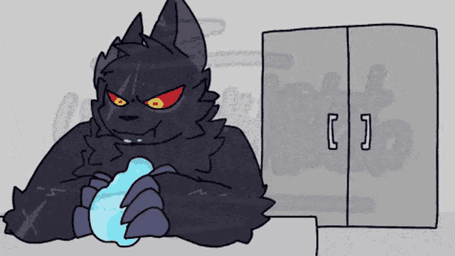 a cartoon of a werewolf holding a blue object in front of a closet with the letter c on it