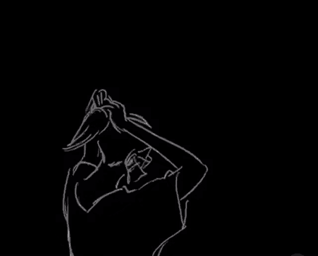 a black and white drawing of a person holding their head with their hands .