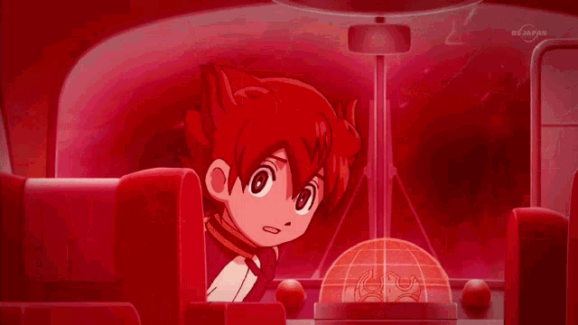 a group of anime characters are sitting in a red room with a tv channel visible in the corner
