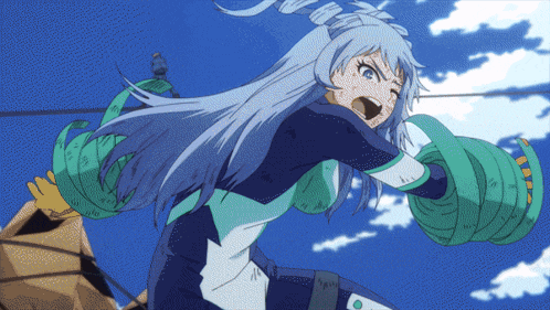 a girl with long blue hair is holding a large object in her hand