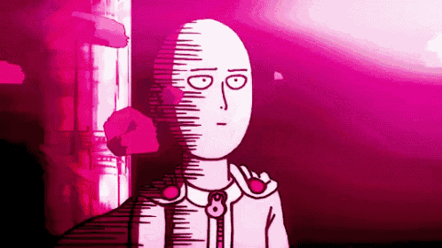 a cartoon character is standing in front of a pink background and looking at the camera .