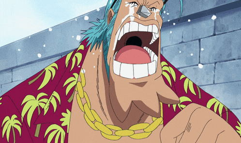 a cartoon character is crying and wearing a shirt with palm trees on it