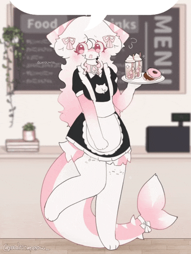 a drawing of a cat in a maid costume holding a tray of food