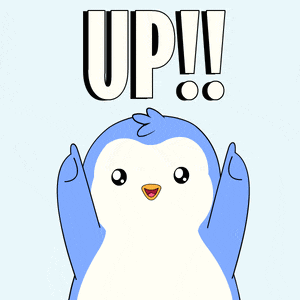 a cartoon penguin is holding up two green arrows with the word up written above it