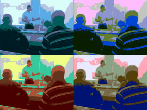 four different colored images of people sitting in a classroom