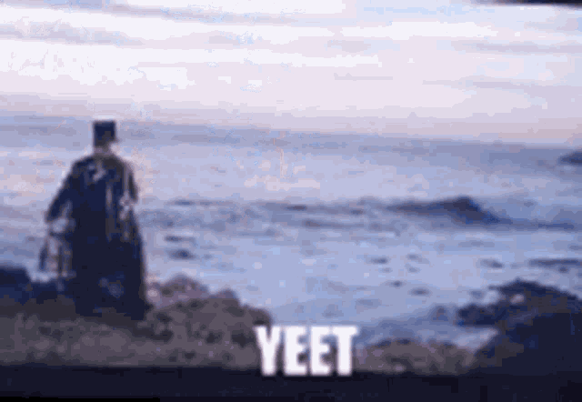 a man in a top hat is standing on a rock near the ocean with the word yeet in the foreground .