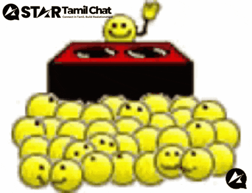 a bunch of yellow smiley faces with a star tamil chat logo on the bottom