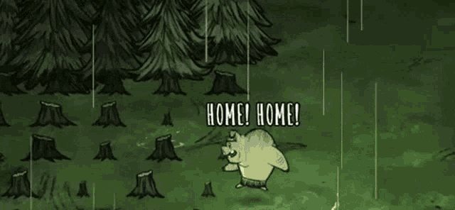 a cartoon bear is standing in the middle of a forest surrounded by trees stump .