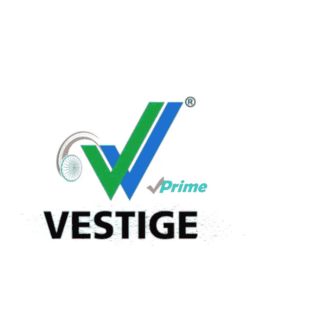 a logo for vestige prime with a green check mark