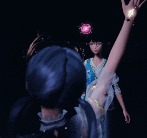 a girl with glasses and a star tattoo on her arm reaches up towards another girl