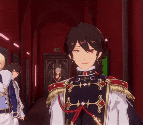 a man with red eyes is wearing a military uniform