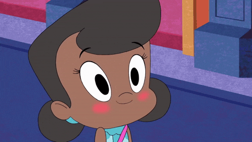 a cartoon girl with big eyes and a pink purse on her shoulder