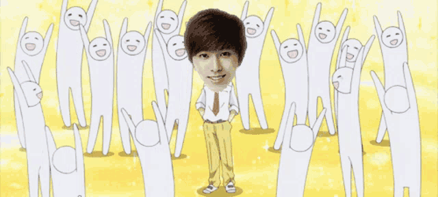 a cartoon of a boy standing in front of a crowd of cartoon characters