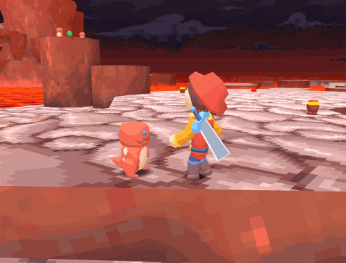 a cartoon character with a red hat and a blue sword stands next to a small orange animal