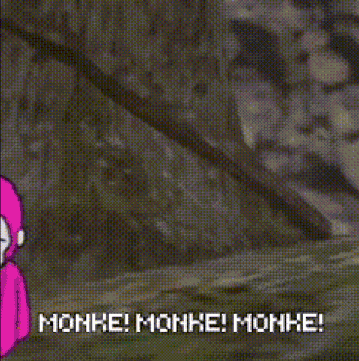 a cartoon of a monkey with the words monke ! monke ! monke ! below it