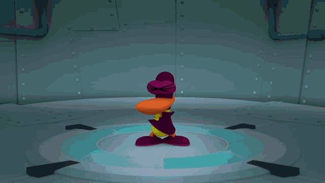 a cartoon duck is standing in a room with a circle in the middle