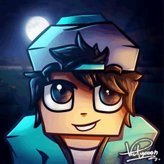 a drawing of a boy wearing a minecraft hat and smiling at the camera .