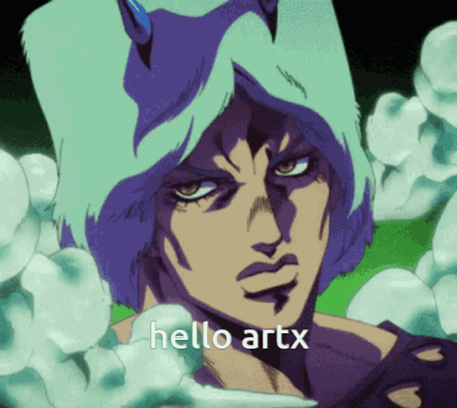 a cartoon character with horns and the words hello artx on the bottom