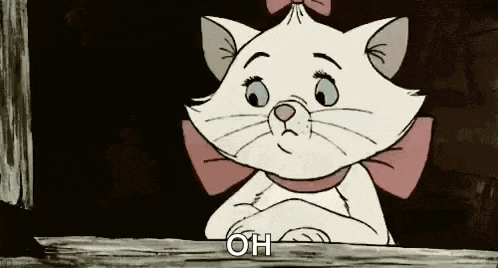 a cartoon cat with a pink bow is looking out of a window and says `` oh '' .