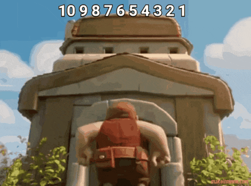 a cartoon character is standing in front of a building with the number 10987654321 written on it