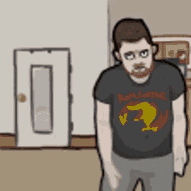 a cartoon of a man wearing a black shirt that says ' heavy metal '