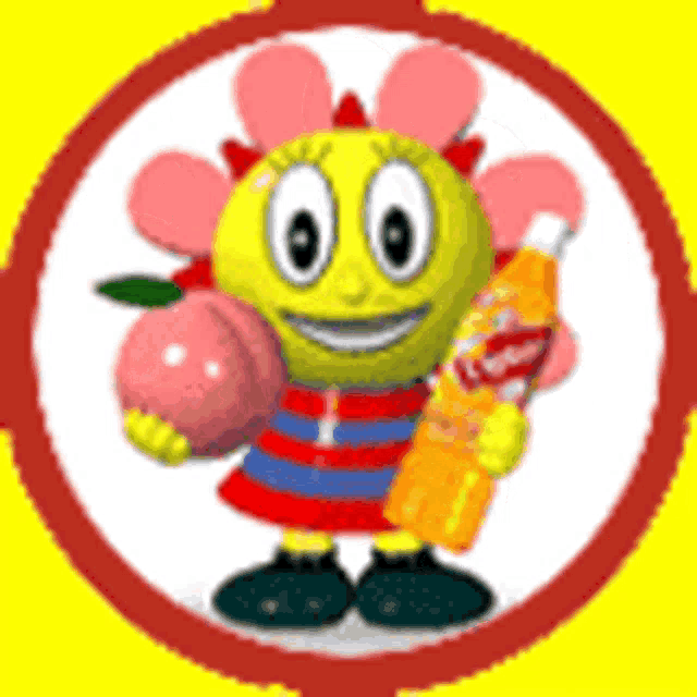 a cartoon character holding a bottle of lipton tea and a peach