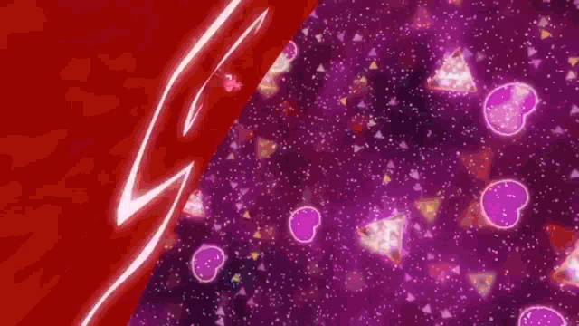a purple background with hearts and triangles and a lightning bolt .