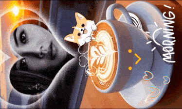 a picture of a woman and a cup of coffee with morning written on the bottom