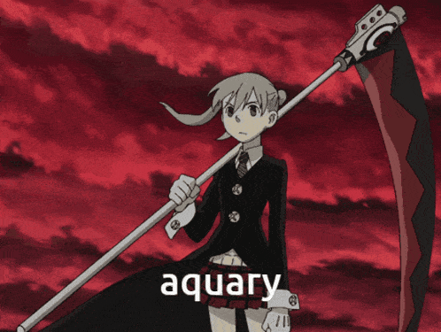 a picture of a girl holding a scythe with the word aquary on it
