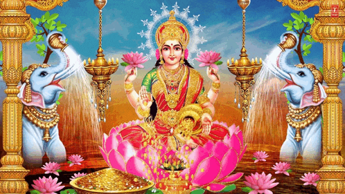 a painting of a goddess sitting on a lotus flower