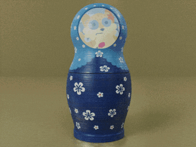 a blue green and orange matryoshka doll with flowers on it