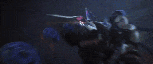 a video game character is being attacked by a purple monster .