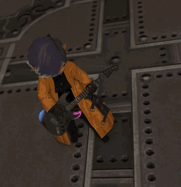 a person with purple hair playing a guitar