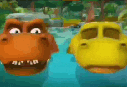 two cartoon characters are swimming in the water and one is orange and the other is yellow .