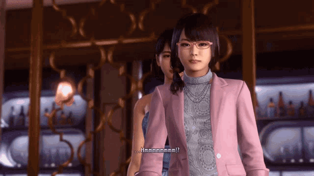 a woman in a pink jacket is talking to another woman in a game