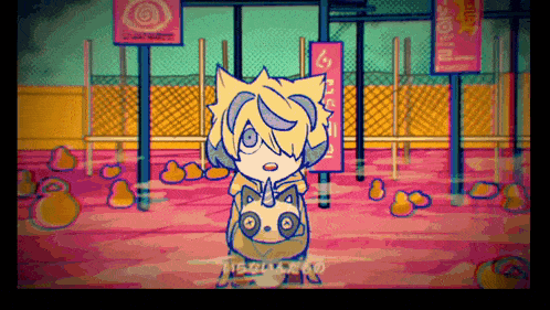 a cartoon drawing of a boy with a cat on his back and a sign that says ' euro ' on it