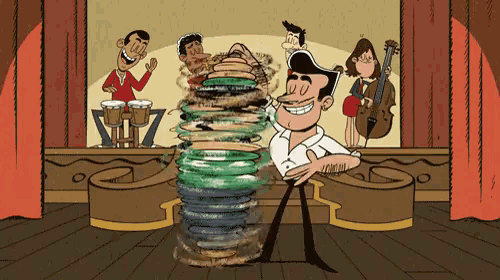 a cartoon of a man holding a stack of books