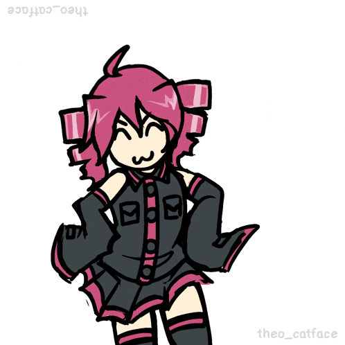 a drawing of a girl with pink hair and the name theo_catface at the bottom